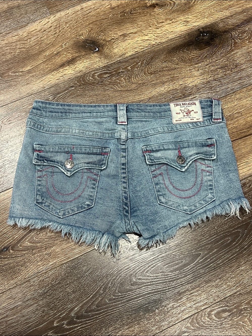 True Religion Joey Cut-Off Low Rise Frayed Denim Shorts W/ Pink Stitching - Picture 3 of 9